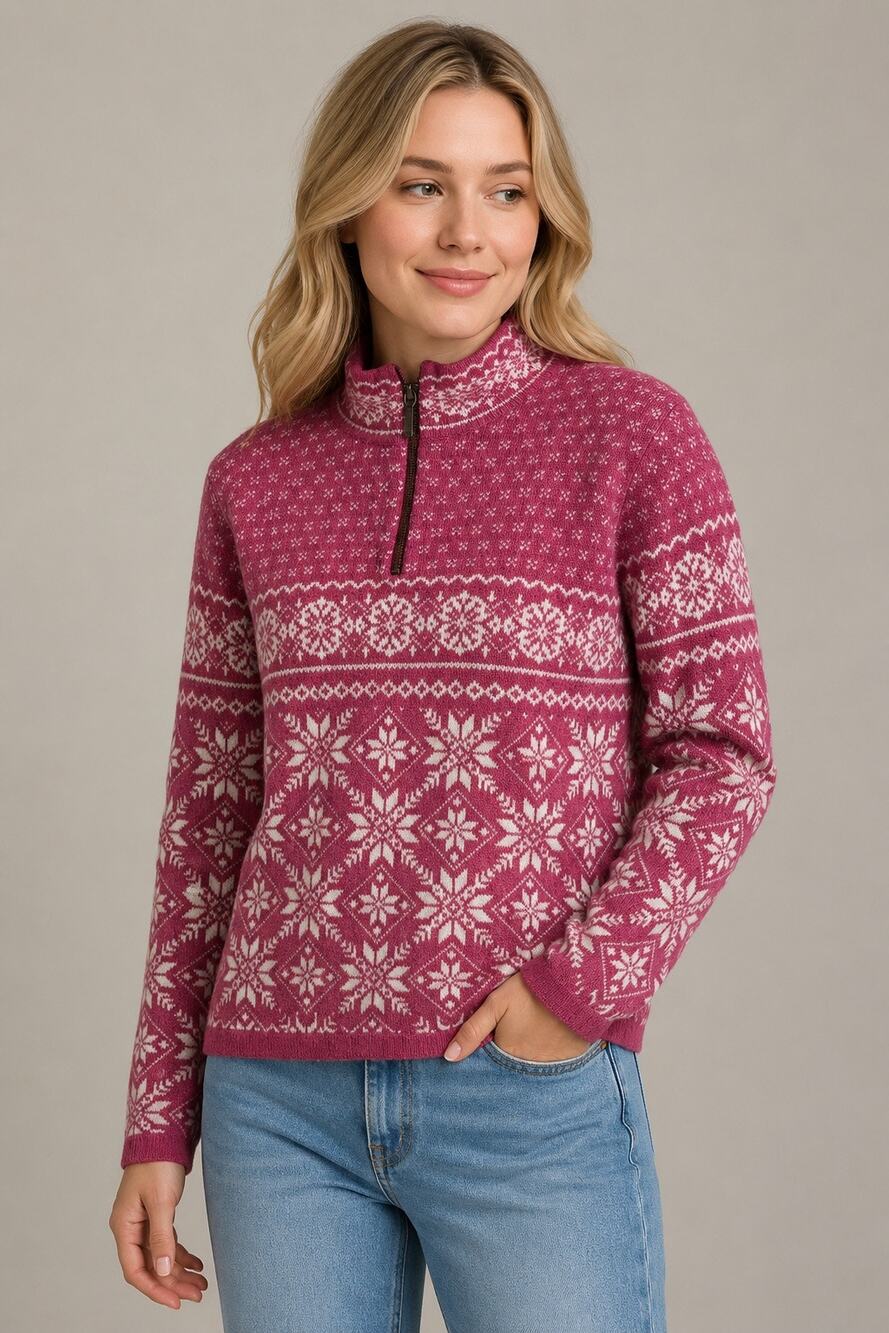 L.L.Bean Fair Isle Quarter Zip Sweater XL Pink Nordic Lambswool Blend Pullover